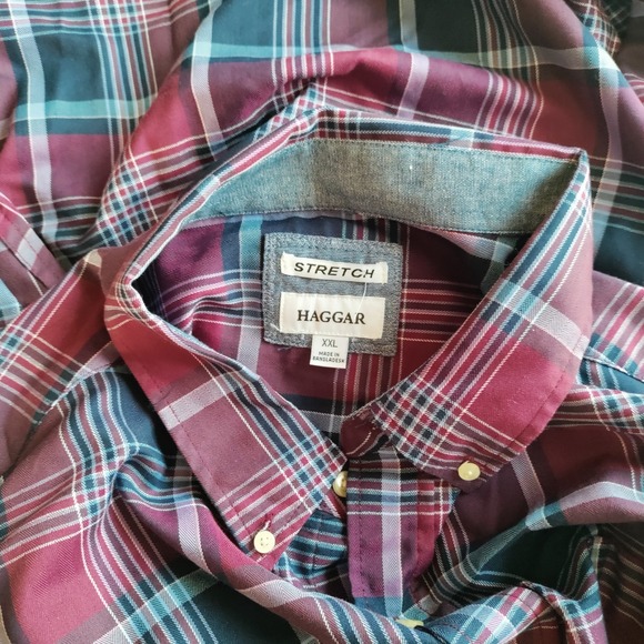 NWT Haggar Long Sleeve Button Stretch Men XXL Western Shirt Plaid Blue Dress Y2K - Picture 8 of 12